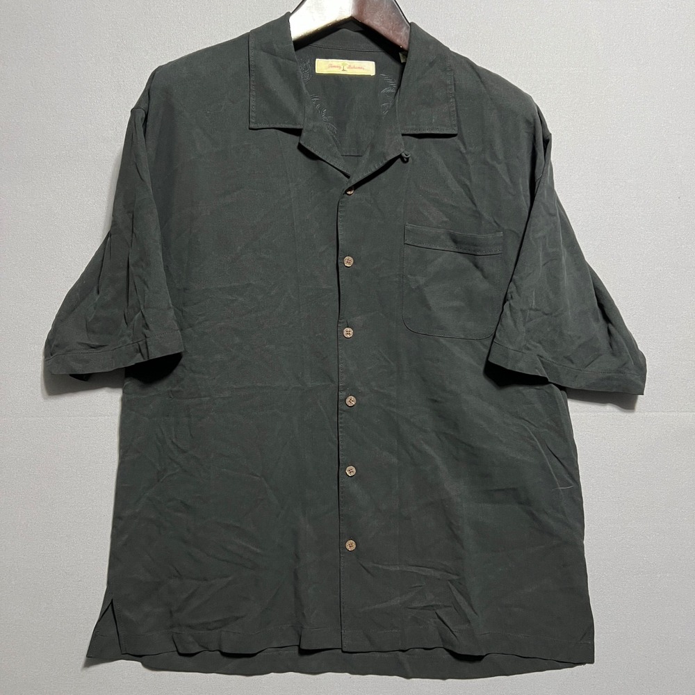 Tommy Bahama Mens XL Black 100% Silk Short Sleeve Camp Shirt Button Down Pocket